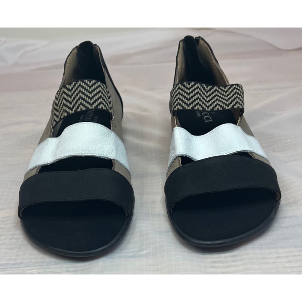 Sesto Meucci Elise Taupe Nabuk Open Toe Sandals Brown Black Leather Size 7 - Picture 5 of 13